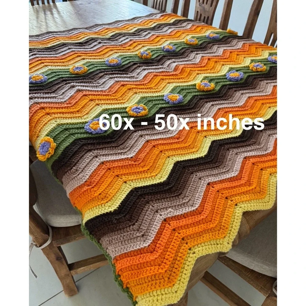 Crochet Afghan Throw Blanket 60x50 In Orange Tassels Zig Zag Handmade